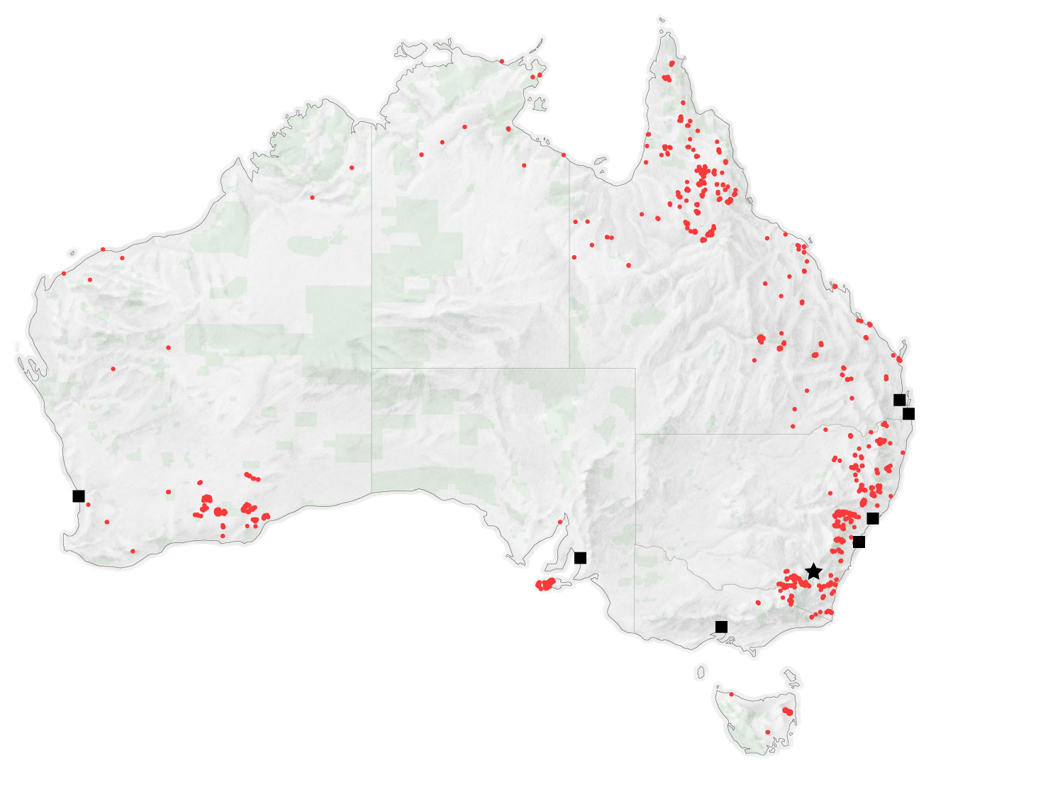 Map showing the fire affected areas of Australia.