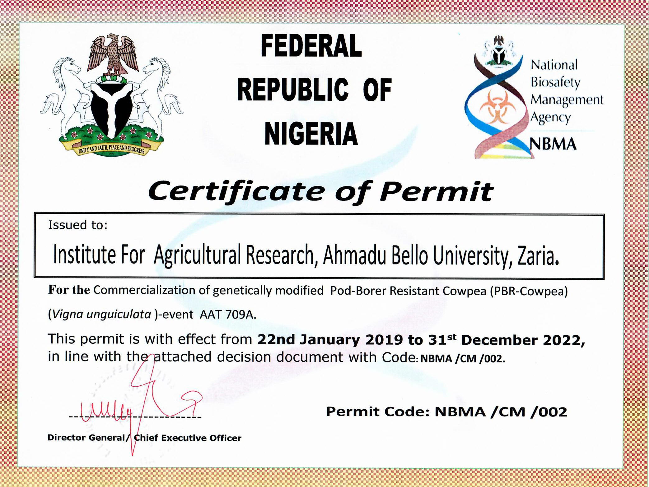 Bt cowpea permit