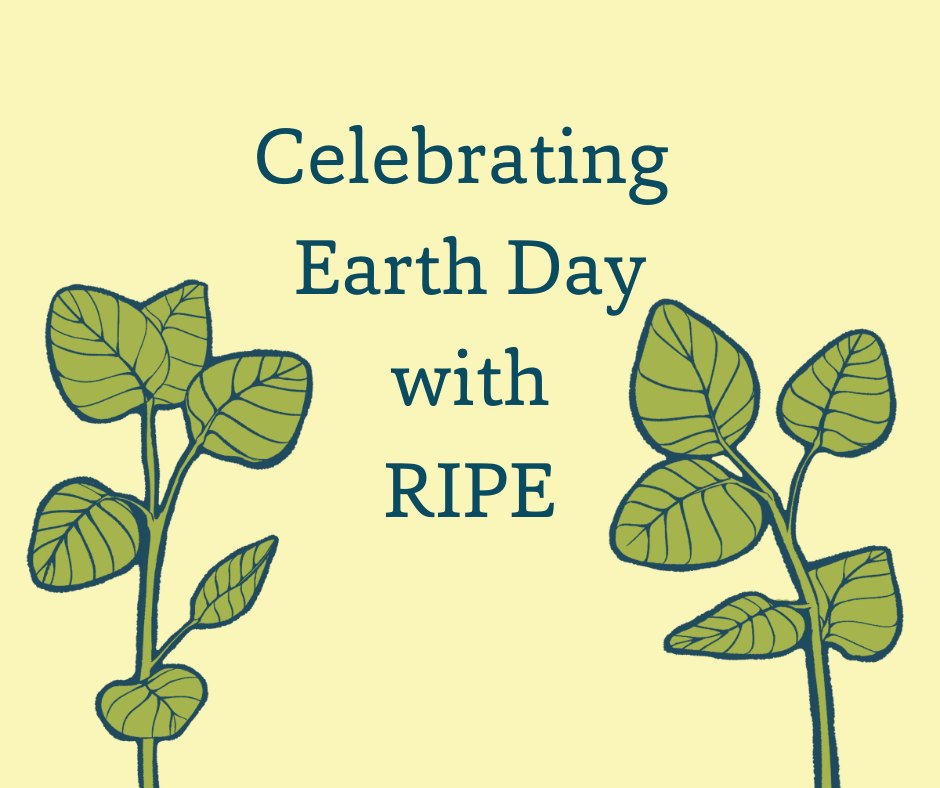 The words Celebrating Earth Day with RIPE are in the middle, each side has a soybean stem with leaves