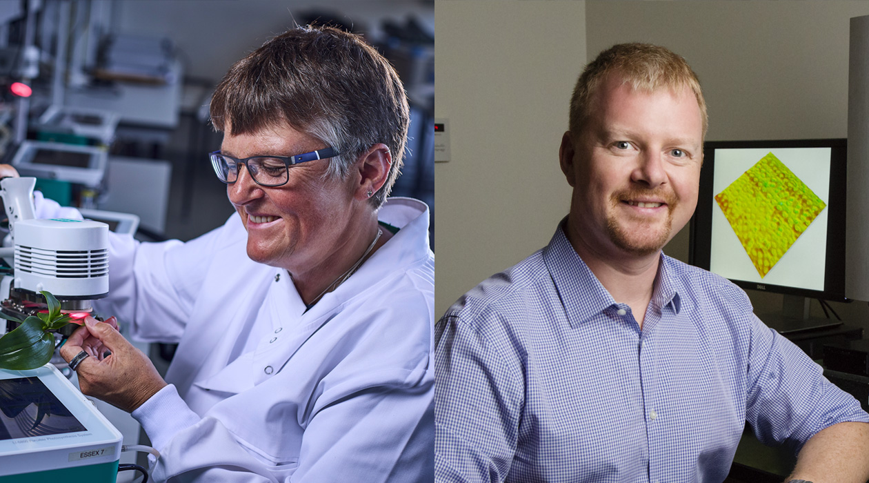 Two pictures side-by-side. The left picture is of Tracy Lawson in a lab coat taking a measurement. The right picture is Andrew Leakey smiling in an office.