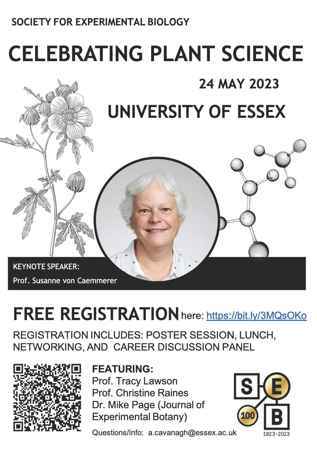 Celebrating Plant Science Event Poster with link to register, picture of keynote speaker Susanne von Carmmerer and names of all speakers.