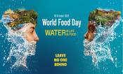 There are two side profiles of people facing the center of the image, a white person facing right and a black person facing left. The bottom of their faces are water, the top of their heads are crop fields. Their eyes and noses are normal. The words from the top, 16 October 2023, World Food Day. Water is Life. Water is Food. Bottom center Leave no on behind.