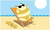 A cartoon yellow potato has had its skin peeled to form a bikini. It is wearing sunglasses and lounging on an orange beach chair, its arms folded behind its head. The peeled skin lays nearby in a coil. The chair is in the sand with the ocean and sun in the background.